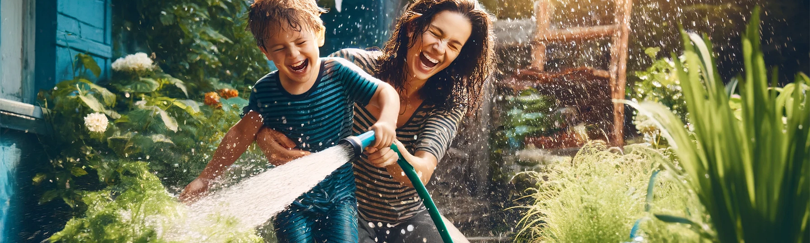 This is a playful and lively scene in the backyard garden, where Max and his mother are having a splashy adventure while watering the plants. It captures their joyous laughter and the fun, unforgettable way Max learned about responsibility.
