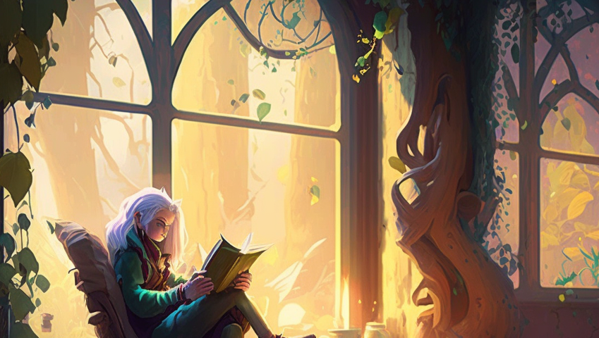An elf-like woman reading a book in a comfortable chair by a magical-looking window. Quality of writing.