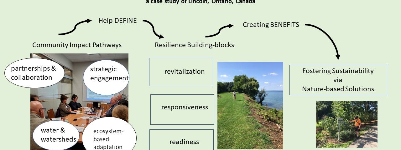 A flowchart picture that uses an inverted funnel analogy to develop a theory of change supporting resilient ecosystem-based adaption in the Great Lakes Basin: a case study of Lincoln, Ontario, Canada.