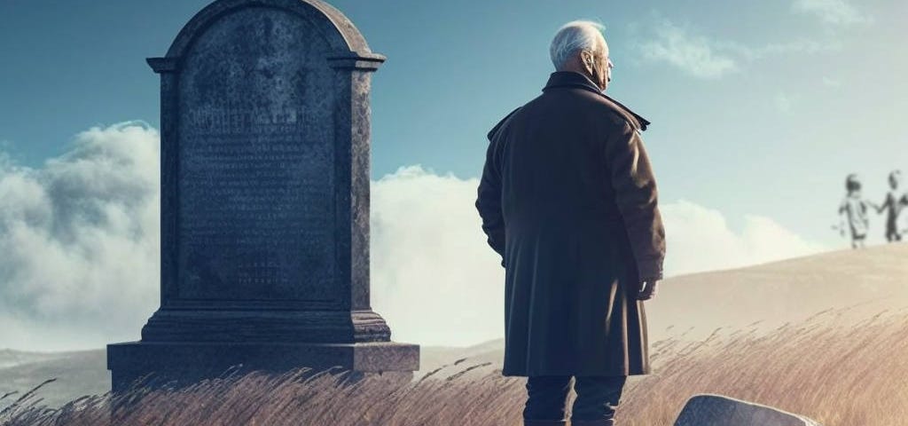 An older man stands beside a large gravestone in a field. He is staring off into the distance.