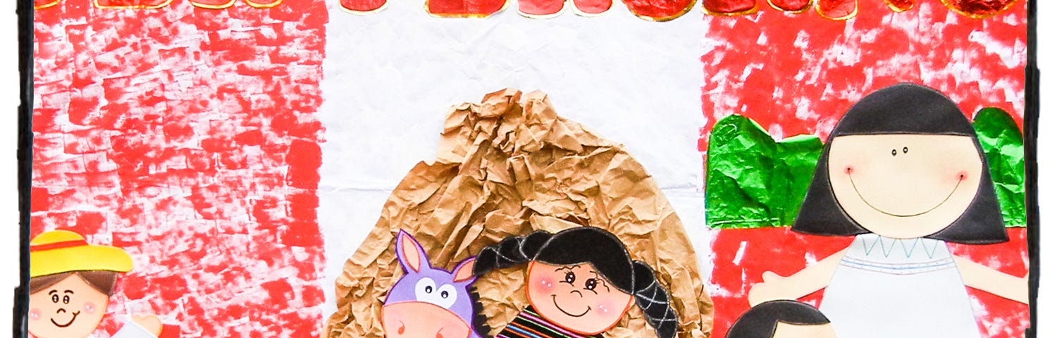 An image of a collage made from paper figures from a school in Peru. The background is the Peruvian flag, and the words “Ser Peruano” can be seen across the top. The middle has several images of smiling donkeys, children, and colorful hands. The caption reads, “Don’t allow bullies to attack kids.”