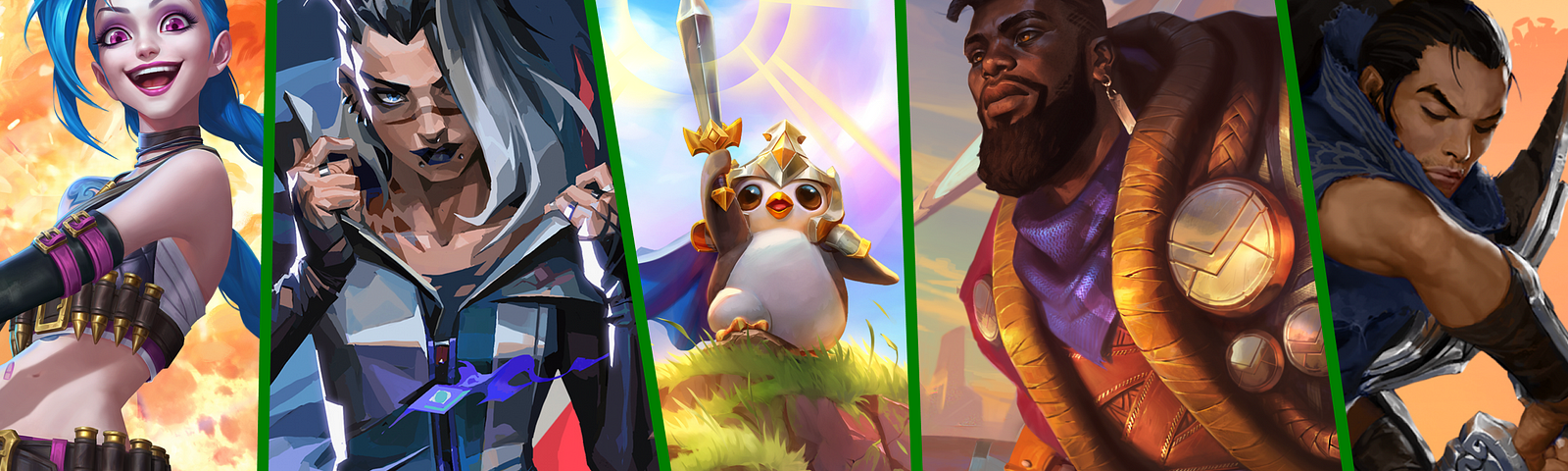 The key art for the Riot Games + Xbox Game Pass partnership. Shown from left to right are Jinx (from League of Legends: Wild Rift, Fade (from VALORANT), Pengu (from Teamfight Tactics), K’sante (in League of Legends), and Yasuo (in Legends of Runeterra).