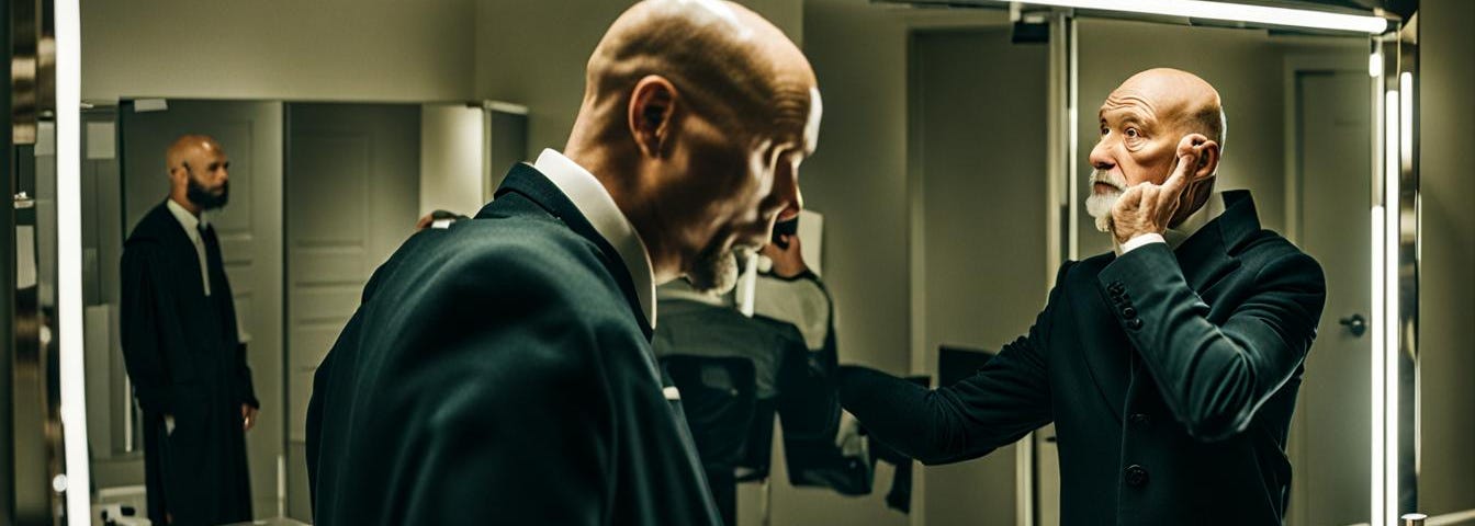 Bald man looking in mirror