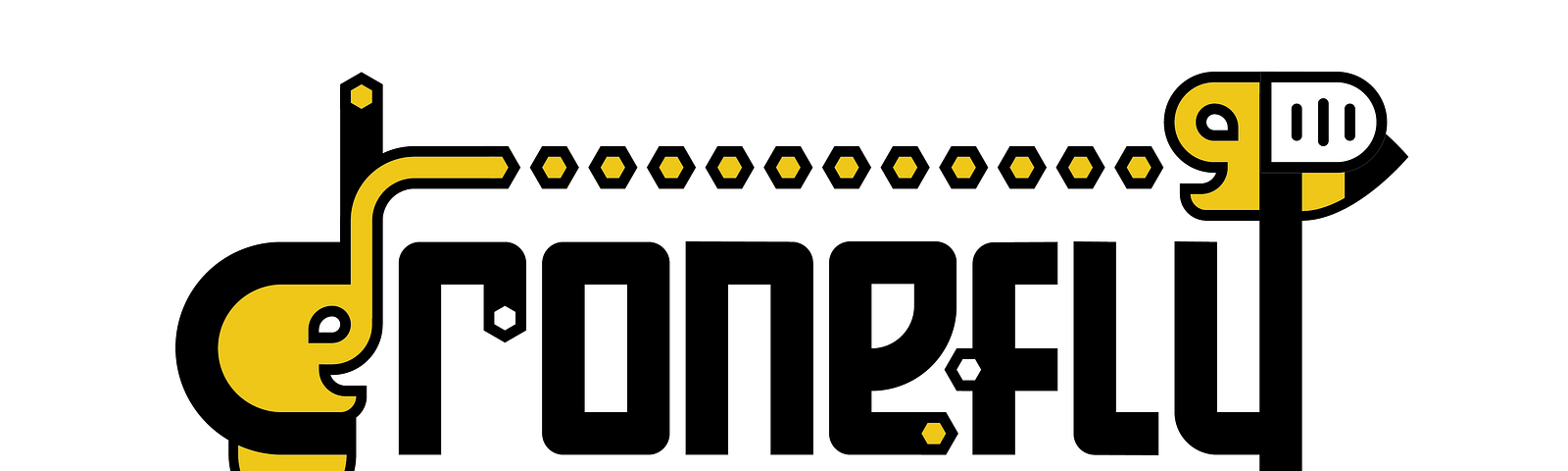 Logo of Drone Fly where a bee with an elephant face wrapped in letter D is sending packets to a drone fly on top of letter Y.