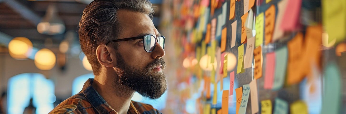 Focused young professional critically evaluating brainstorming notes on colorful sticky notes during a planning session.