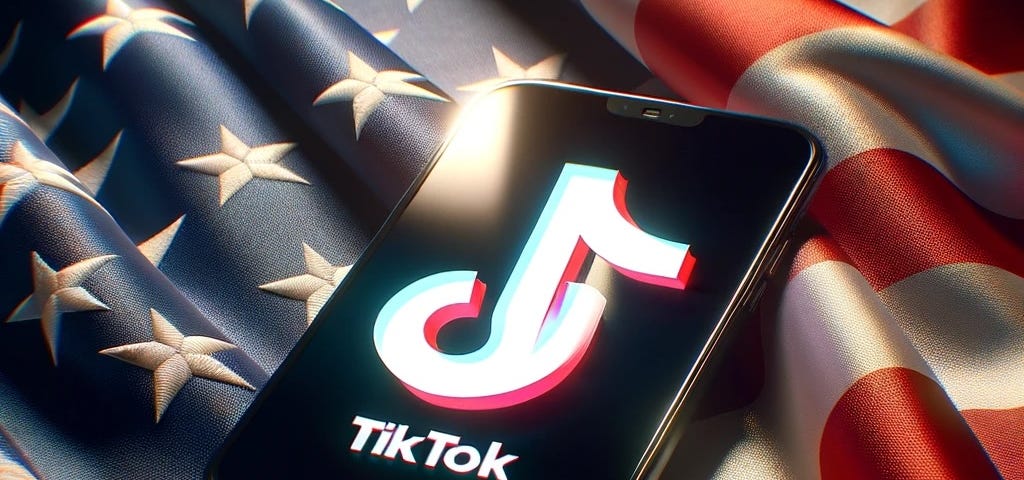 IMAGE: A hyper-realistic, AI-generated image featuring a close-up of a US flag with a smartphone displaying the TikTok logo on its screen, capturing the contrast between the American identity and the influence of foreign digital platforms