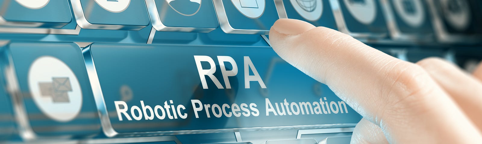 A blue computer keyboard zoomed in with different, tech-related keys (i.e. a cell phone, tool icon, a graph, etc.) and a large button in the center that says “Robotic Process Automation.”