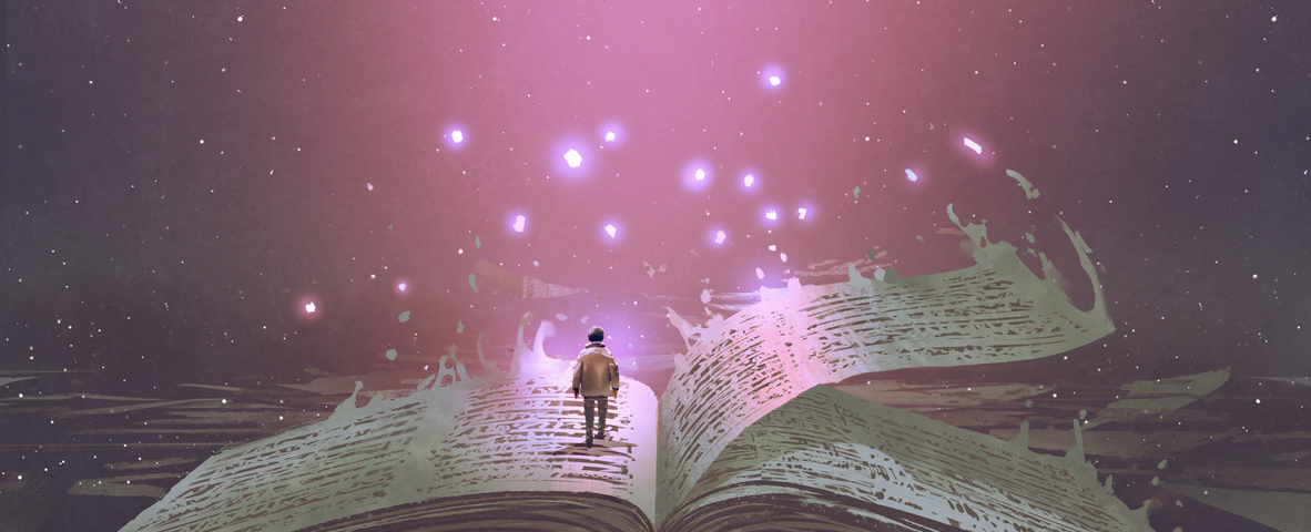 Image: A figure walking away across the open pages of a huge and glowing book.