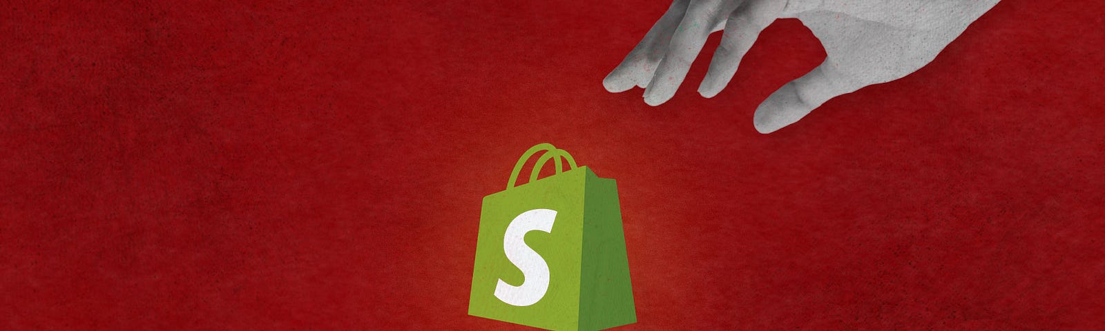 Two hands reaching for the Shopify logo on a crimson read background.