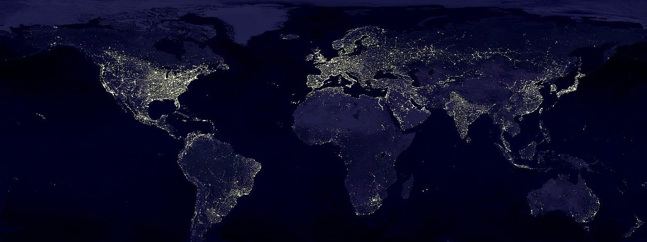 The world map, showing the night hours and most countries are lit by thousands of lights, all countries except Africa, Iran and Australia.