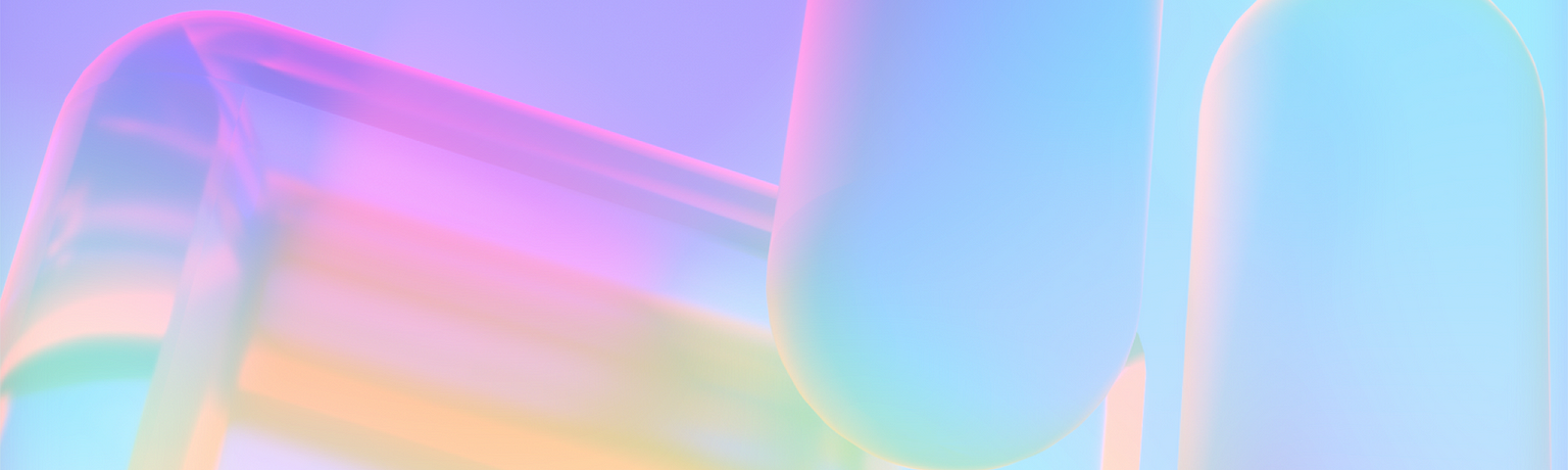 An abstract image of transluscent 3D UI elements such as buttons and device frames in hues of purple, pink, blue, and orange
