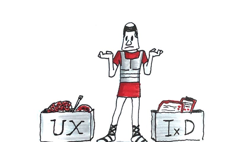 Personagem César com dúvida entre escolher a caixinha do ux design ou a do design de interação