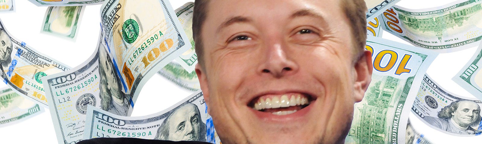 Photo of Elon Musk on a background of $100 bills