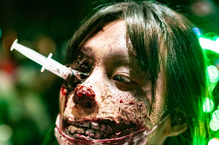 woman looking like a zombie doctor with a syringe coming out of her right eye