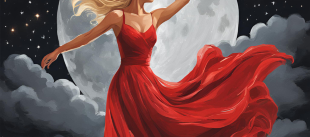 Lady in flowing red dress under a full moon.