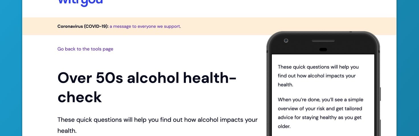 The front screen of the Over 50s Alcohol Health Check tool