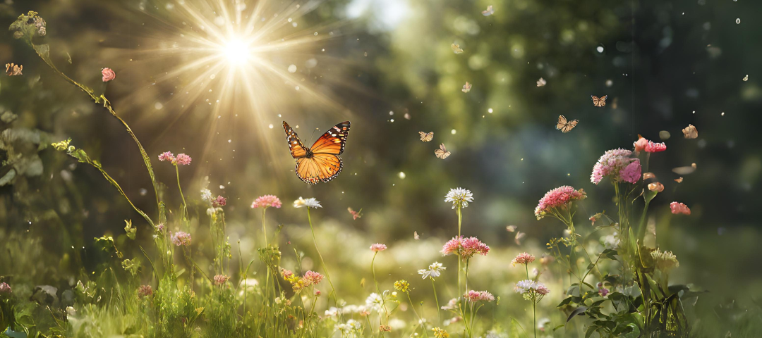 A magical-looking garden filled with wild flowers, trees in the background, a butterfly, and the bright sun peeking through branches.