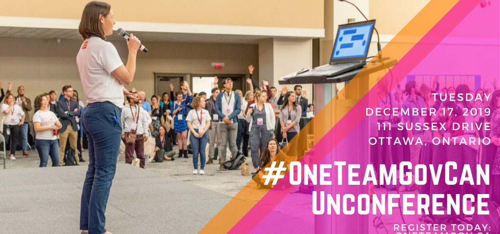 Photo from June 2019 OneTeamGov Unconference. Unconference details listed on pink & orange panel to the right of the image.