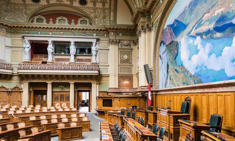 Colour image of the debating chamber of the Swiss parliament