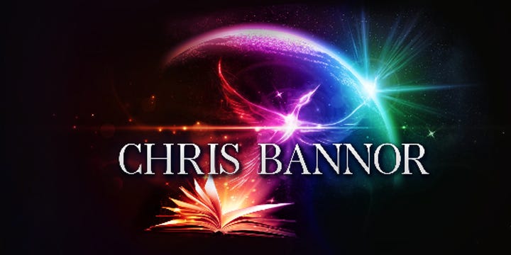 The author’s name, Christ Bannor, over a rainbow phoenix, an open book, and a lense flare shining off of the edge of a planet.