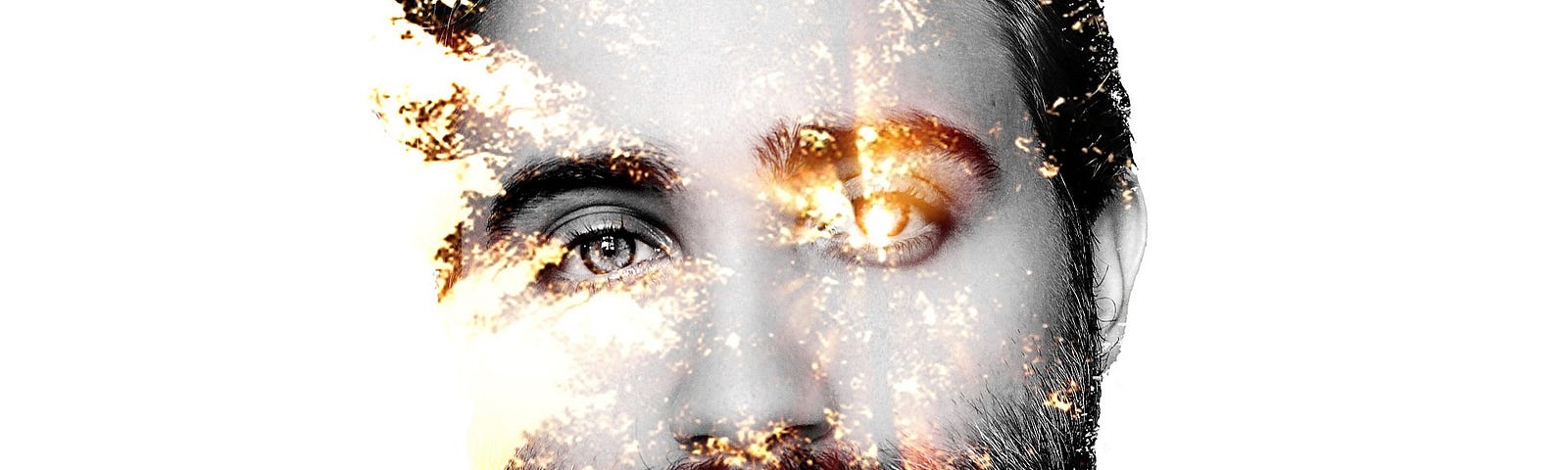 Man with a beard & light eyes overlaid on an image of sunlight through trees