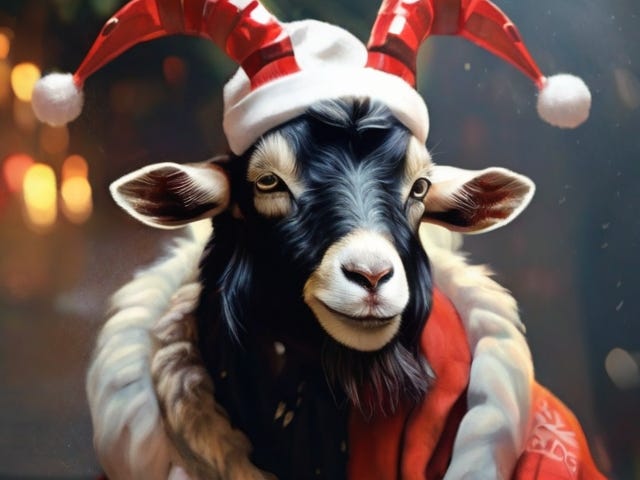 A goat in Santa clothing