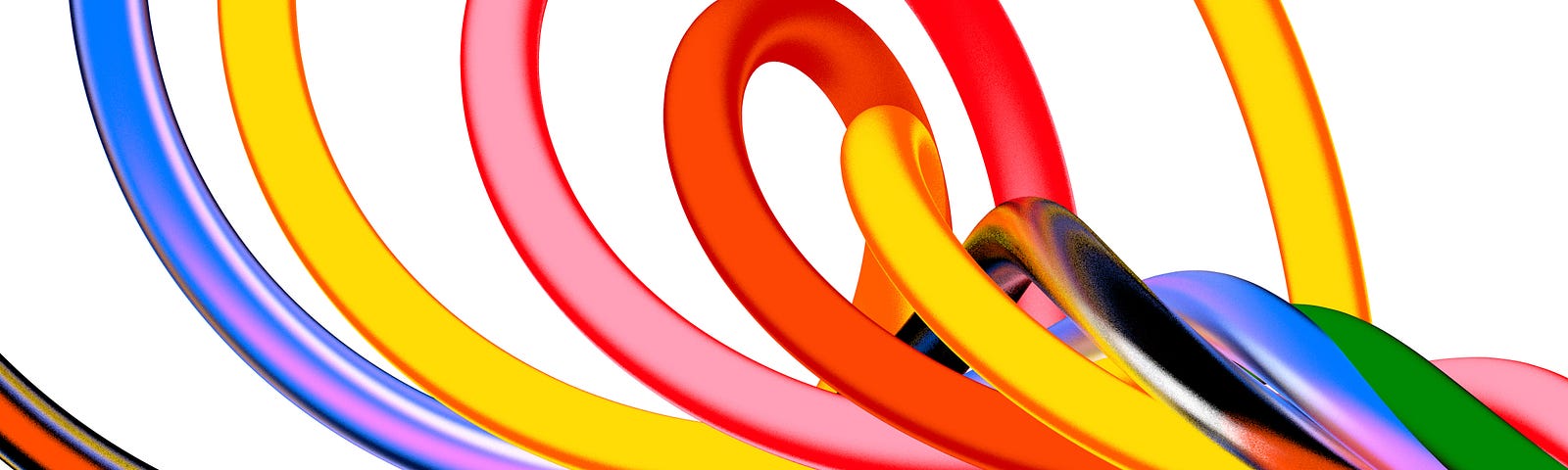 A digital illustration of six tubes in mingling shades of pink, red, yellow, black, green, and blue on a white background. The tubes, tightly twisted on the right, untwist into a spiral of color on the left.