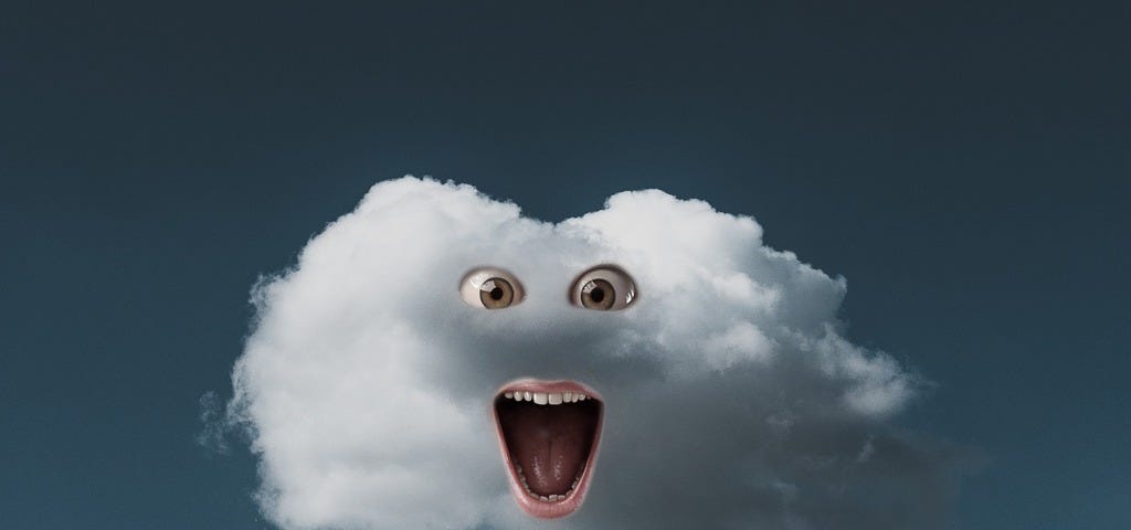 A cloud raining in surprise with its facial expressions and umbrelka handle.