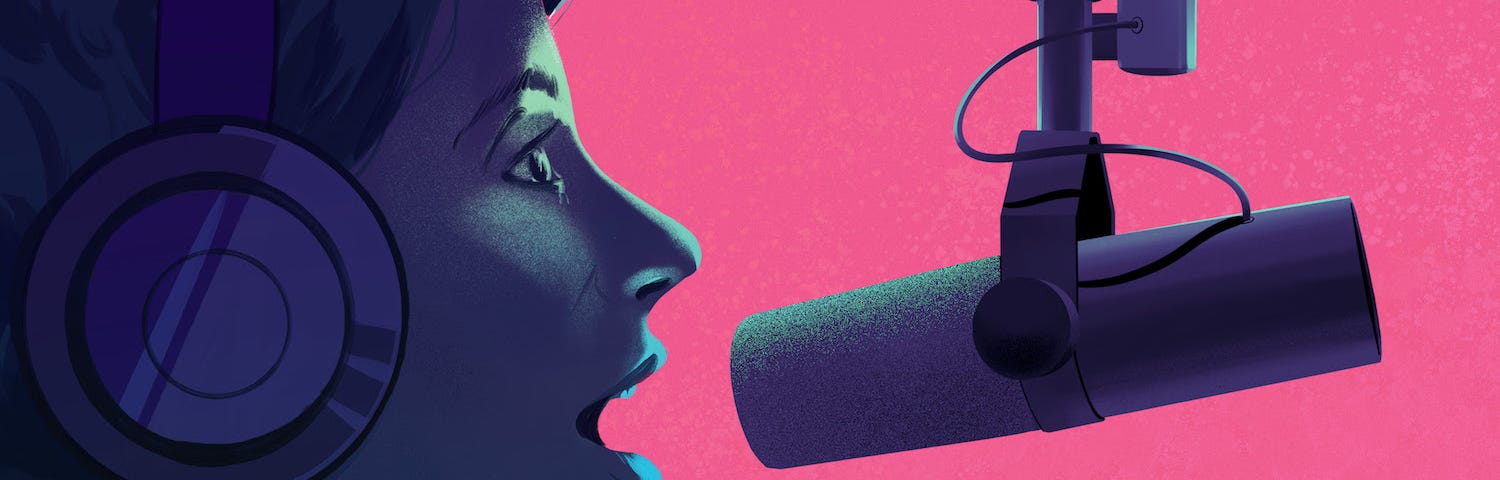 Graphic of a woman singing into a hanging mic with a pink background.