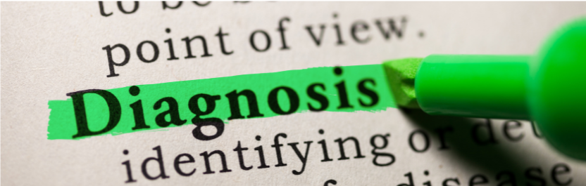 The word "diagnosis" is highlighted in green. The tip of the marker is within the frame. Credit: Canva