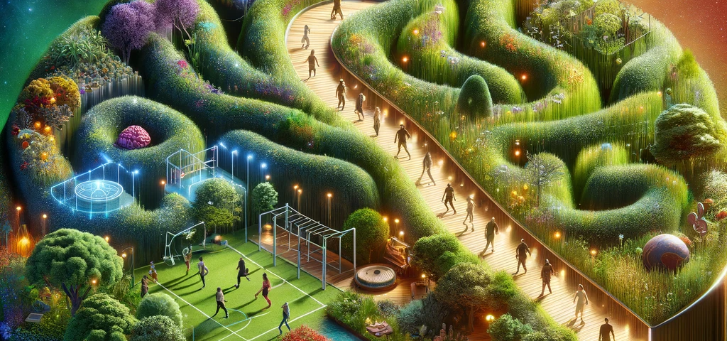 Cover image depicting a lush, vibrant garden in the shape of a human brain. The garden features intricate pathways, populated with diverse individuals symbolizing the development of habits. Various sections vividly represent different habits, such as exercise, meditation, and creativity, all under soft, inviting lighting.