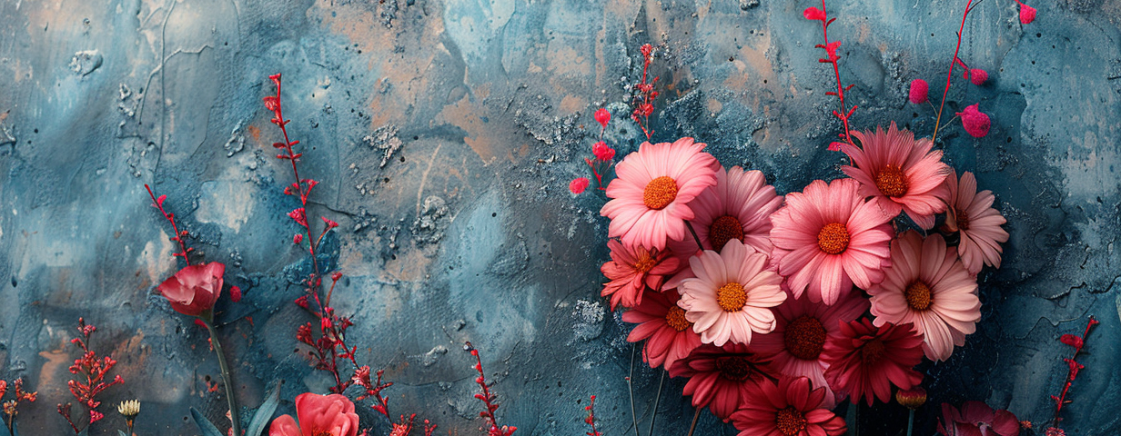 A heart surrounded by joyful and beautiful flowers , set against a watercolor background, styled in a minimalistic and organic way. The image is vibrant and colorful, with soft, ethereal lighting and a minimalistic, organic style.