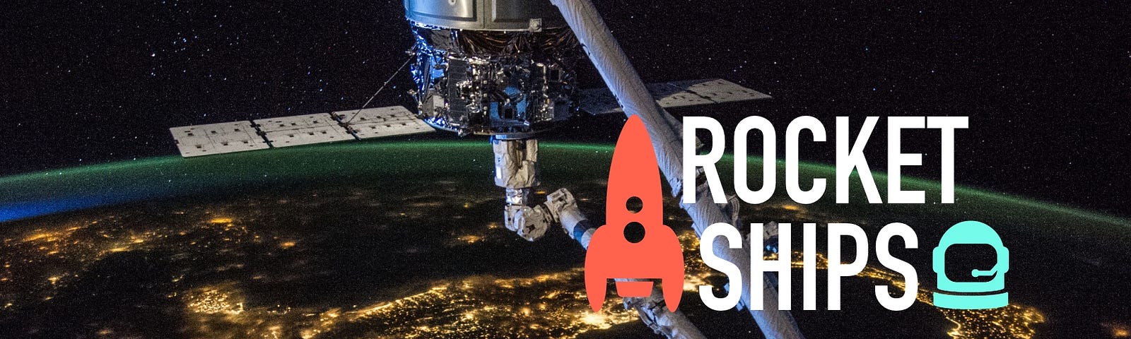 A banner image with a photograph of a satellite floating peacufully above Earth. You can see the curve of Earth in the distance, and the sparkly lights of civilisation. In the foreground is a colourful Rocketships logo