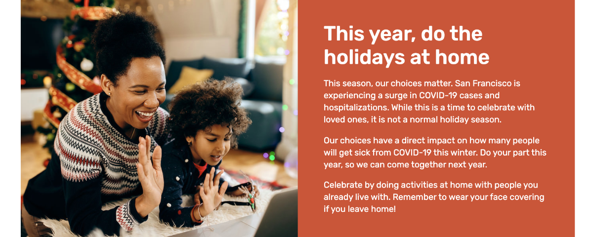Screenshot of a page with introductory content, and a stock image of a Black mother and child wearing holiday sweaters and waving at a computer screen.