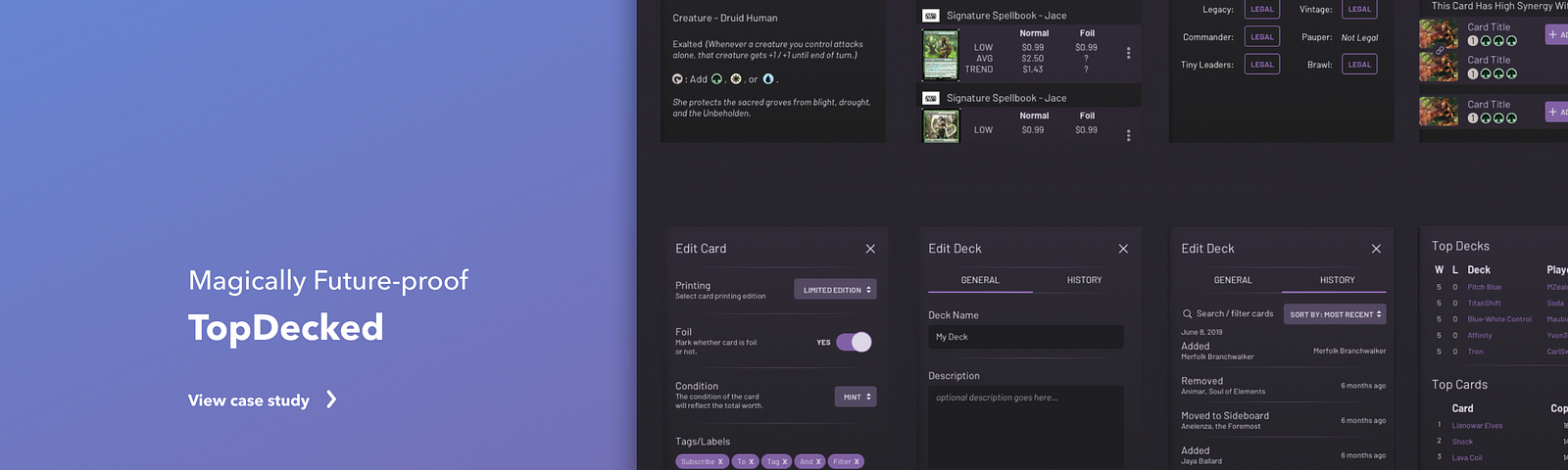 Hero image titled “Magically Future-proof” TopDecked with a sample of the delivered design system on the right showcasing the dark-themed design system