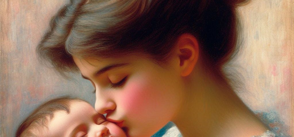 a painting in the style of Mary Cassatt of a mother rocking her baby girl while kissing its cheek