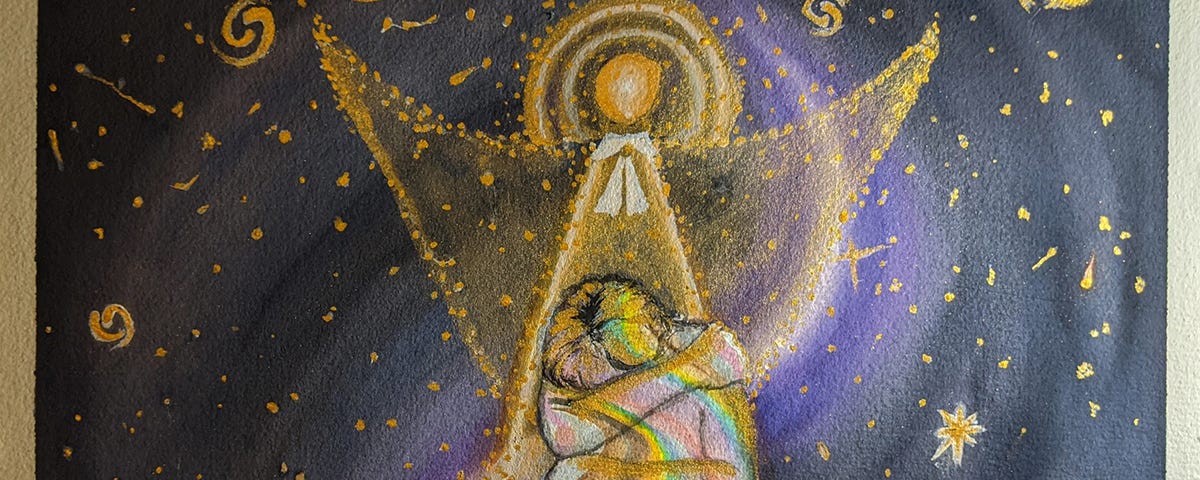 “You Are Star Stuff" — A watercolor painting of a rainbow person hugging themselves with a golden angel protecting them in a glittering field of gold stars and galaxies. By D. Denise Dianaty