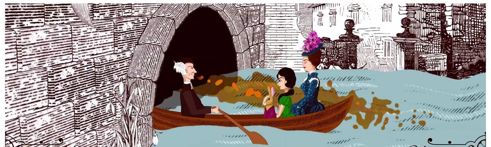An illustration of Alice being rowed along the river to explore Oxford’s sewers.