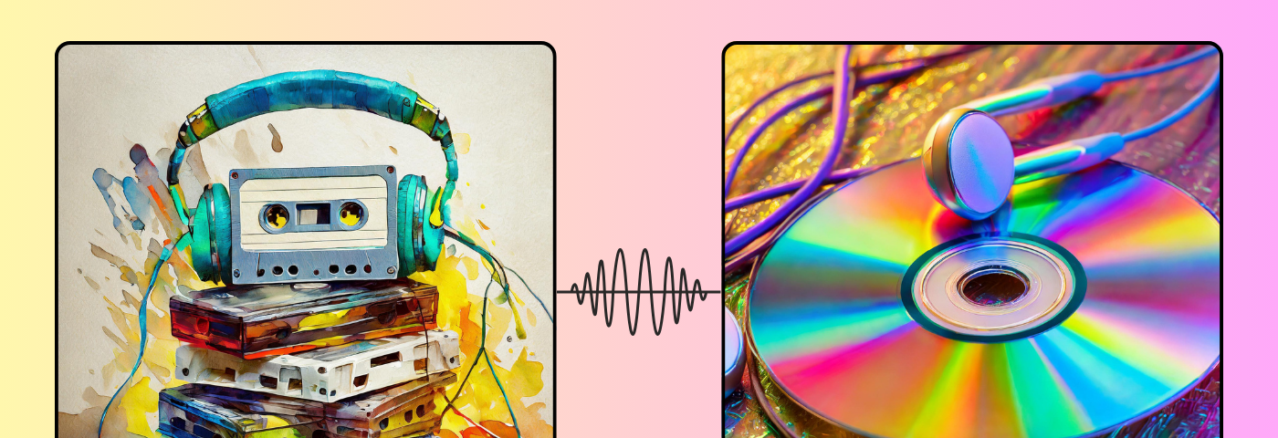 Left image: stack of cassette tapes with old headphones; Right image: CD with earbuds; both images connected by sine wave in the middle; gradient background pale yellow (left) to pale pink (right)