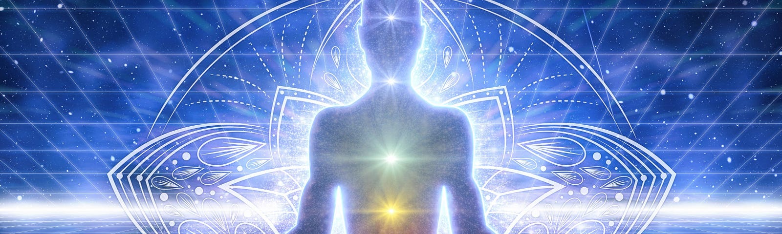 A man sitting in lotus position, all 7 chakras are activated and light coming out of the mans body