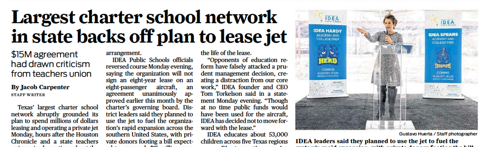 IDEA Charter School Private Jet Nixed