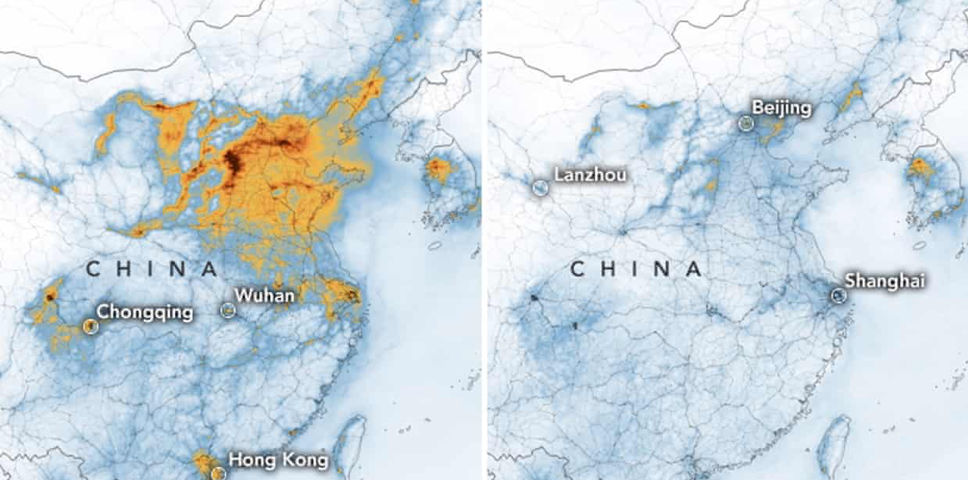 Источник: Nasa maps showing the concentrations of nitrogen dioxide over China between January and February. Photograph: Nasa