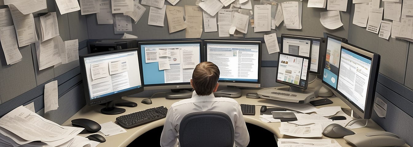 Man sitting at a desk with multiple monitors and scads of paper pinned to the walls and in piles on the desk and floor