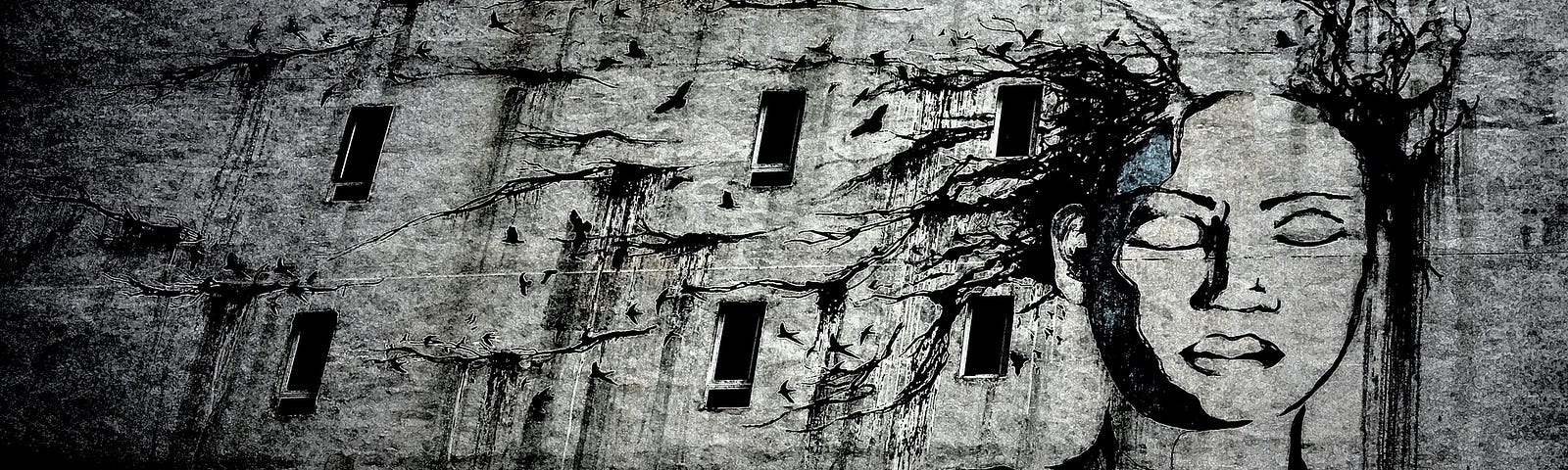Large mural over tall concrete building of person with eyes closed. Markings suggest the mind is fleeing in the wind.