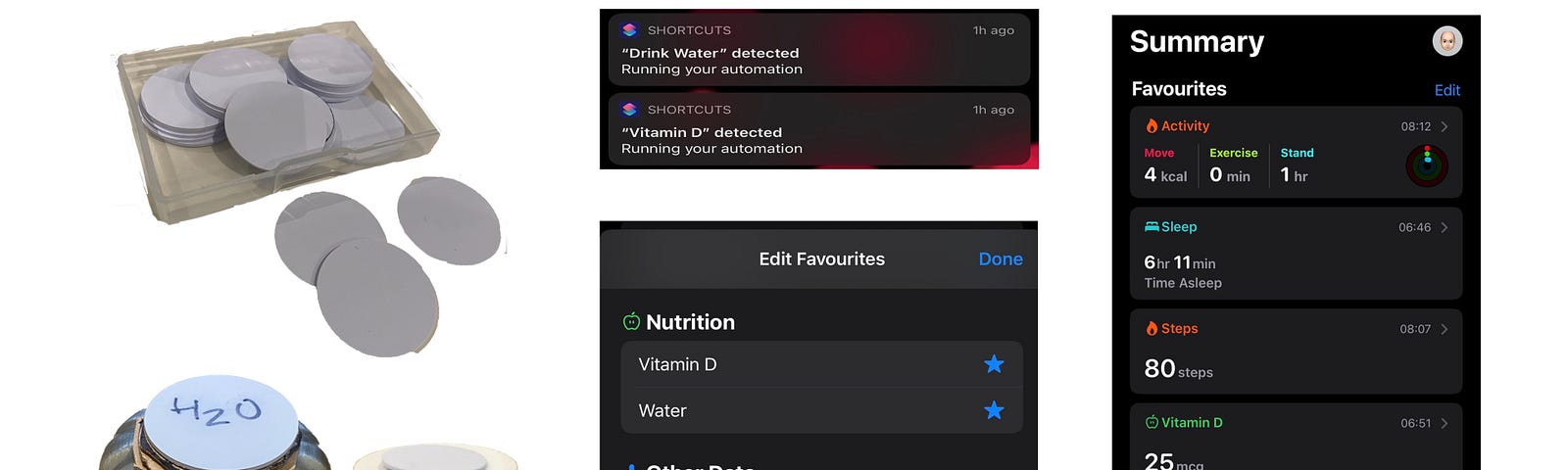 Figure showing NFC tags, a water bottle and a pill bottle with tags on them, and Shortcuts screens used to detect NFC tags.