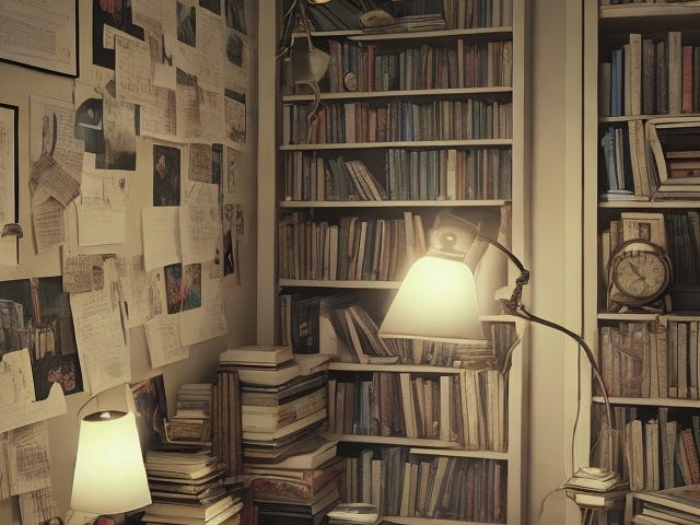 A study room full of books and a lamp