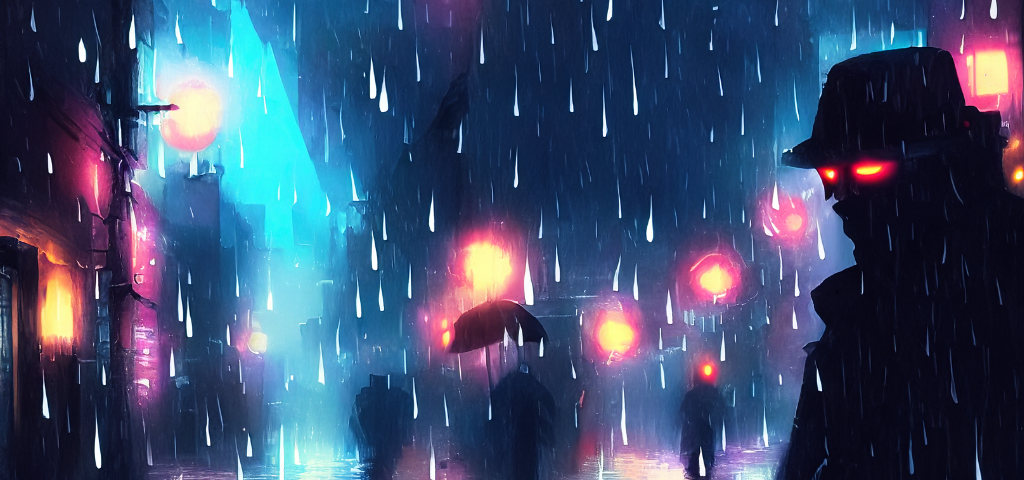 A dark figure on a rainy city street.