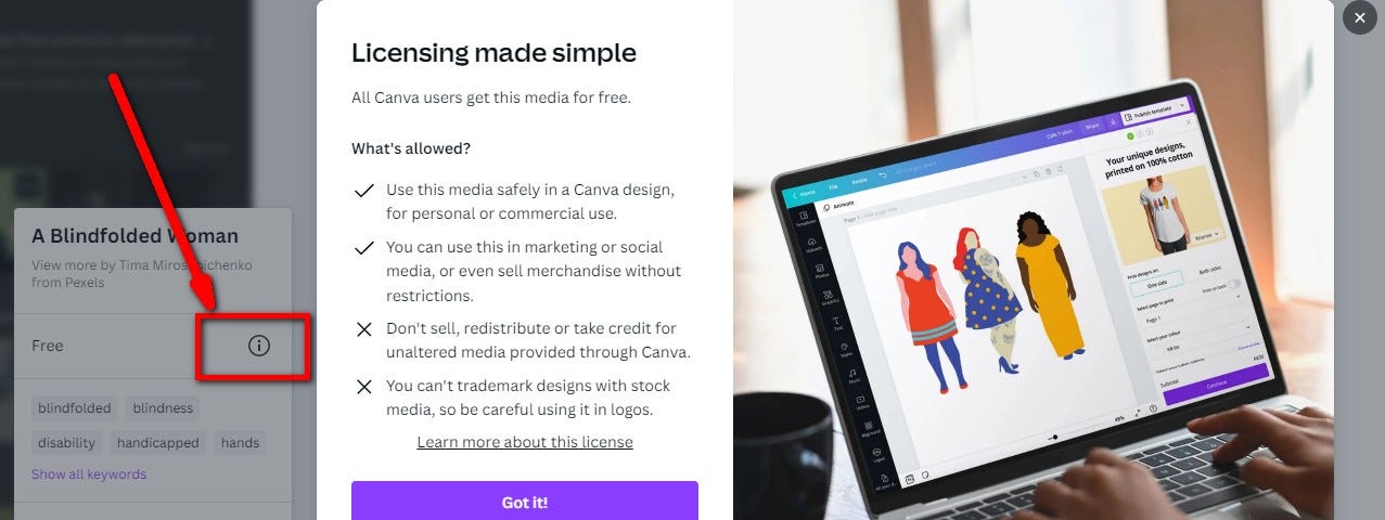 Screenshot of Canva with information on using images