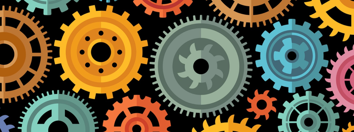 orange, blue, pink, green, and brown gears on a black background