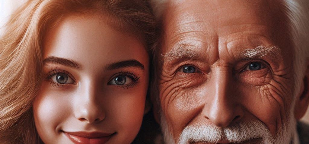 Picture of a young woman and an elderly man posing for a picture with their hands resting beneath their chins